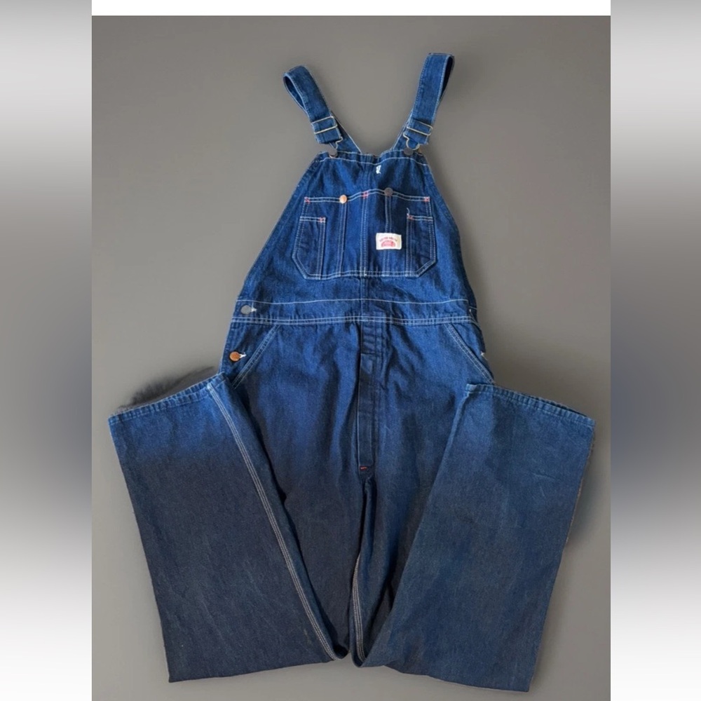 Roundhouse Low Back Denim Bib Overalls Elastic Suspenders USA Zipper Fly 37x30